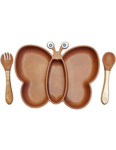 Assiette et couverts Papillon ocre -...