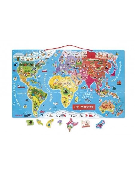 Janod - Puzzle Carte du Monde Magnétique en Bois - 92 Pièces