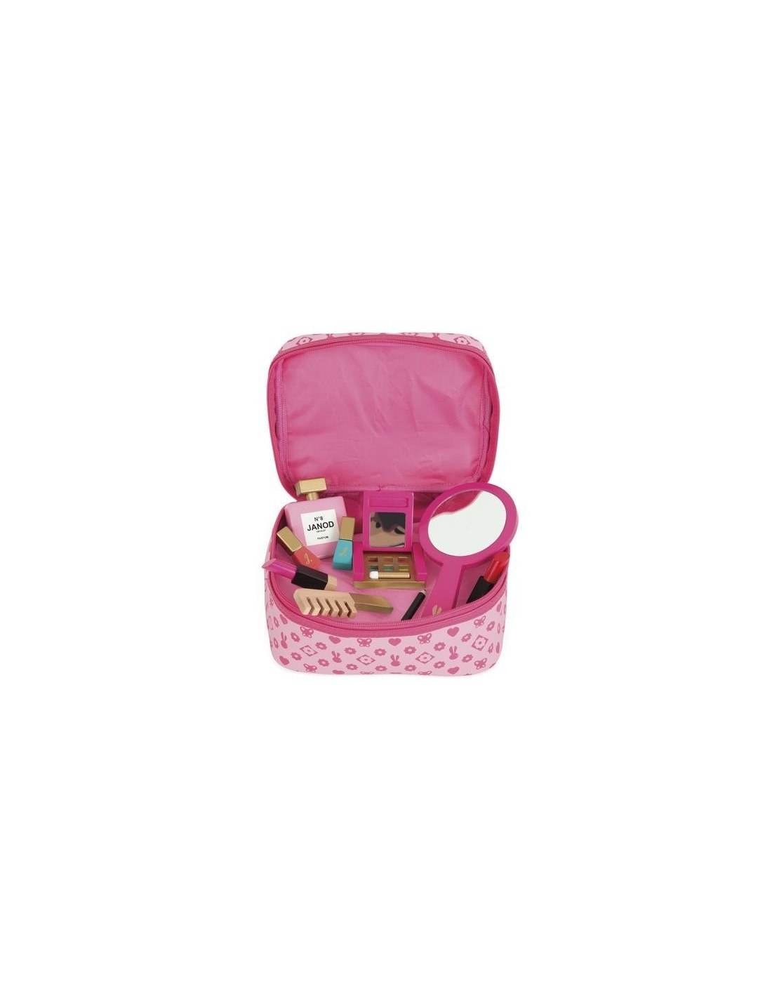 Janod - Vanity Enfant P'tite Miss - 9 Accessoires en Bois Massif Inclus -  Jouet d'Imitation Trousse Beauté et Maquillage, J06514, Rose