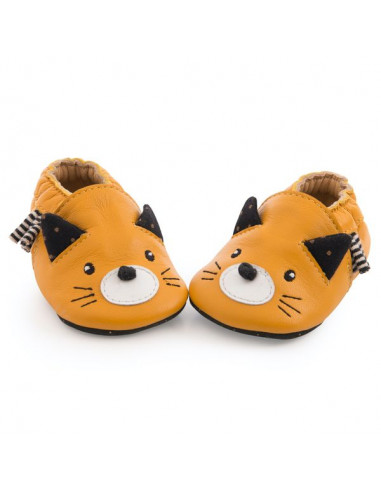 Chaussons cuir chat moutarde Les... Chaussons cuir chat moutarde Les...