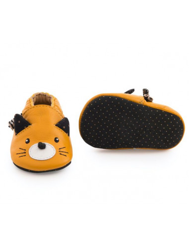 Chaussons cuir chat moutarde Les... Chaussons cuir chat moutarde Les...