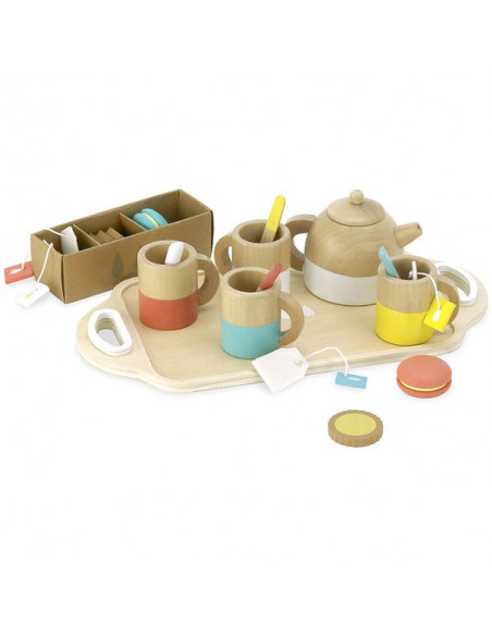 Service à thé complet en bois coloré idéal pour jouer à la dinette 