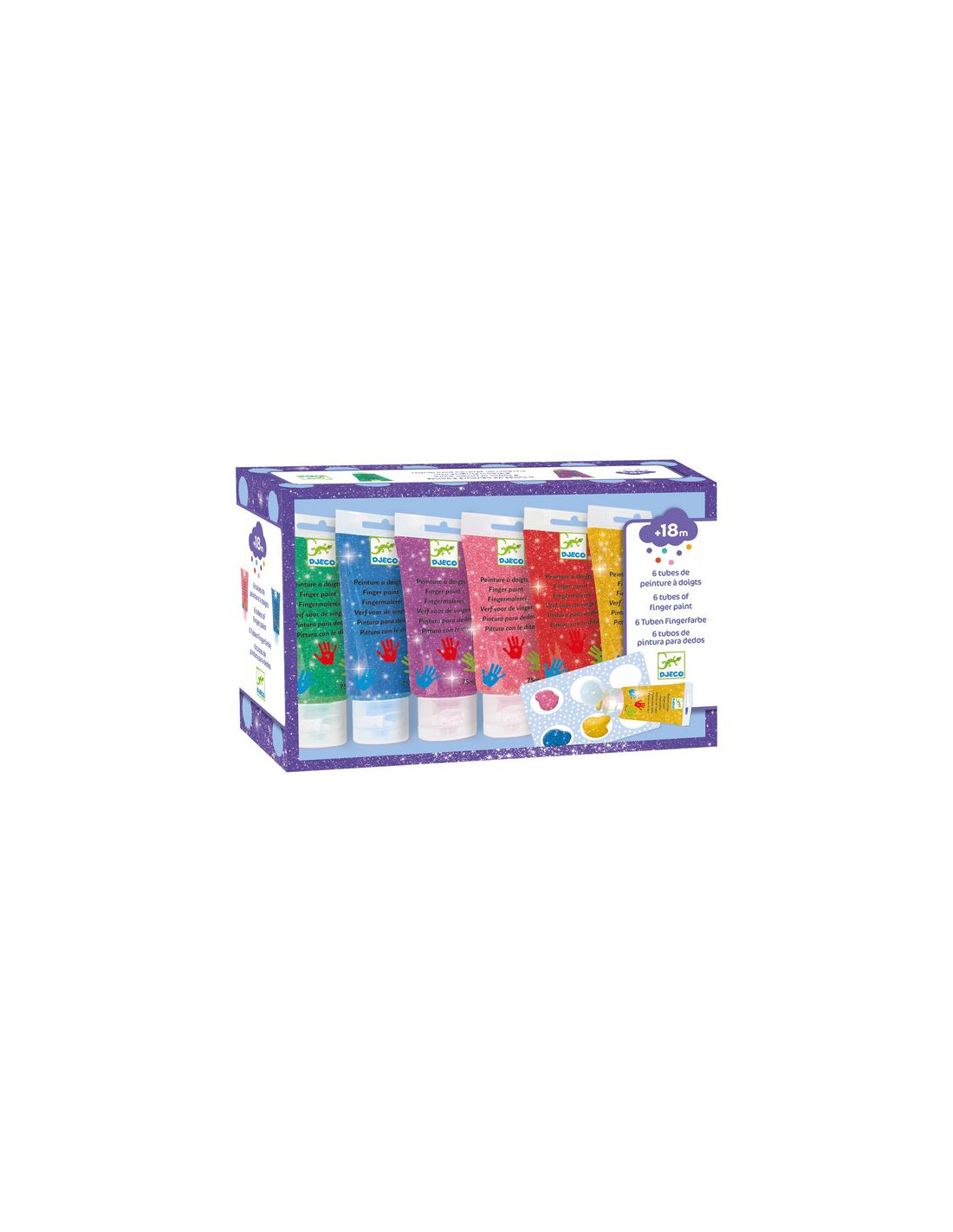 DJECO LES COULEURS - 6 TUBES PEINTURE À DOIGTS PAILLETTES +18MOIS - MOM POP