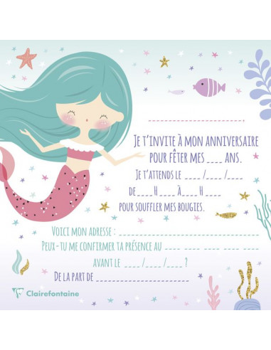 Anniversaire sirène 8 invitations anniversaire thème Sirène