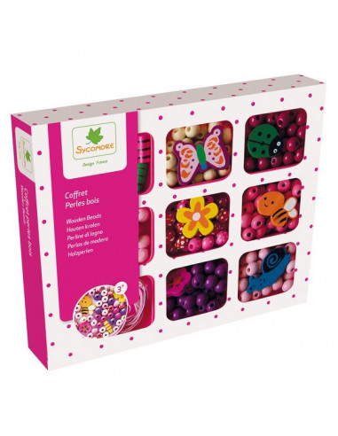 Coffret de perles en bois rose -...