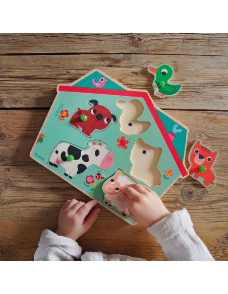Puzzle sonore en bois pour bébé les animaux de la ferme, HAPE  La  Boissellerie Magasin de jouets en bois et jeux pour enfant & adulte