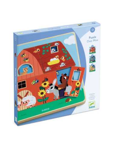 Puzzle 3 niveaux Chez Moo - Djeco - Puzzle en bois