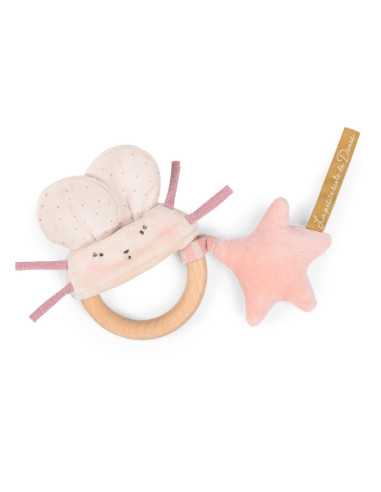 Hochet anneau bois souris rose La... Hochet anneau bois souris rose La...