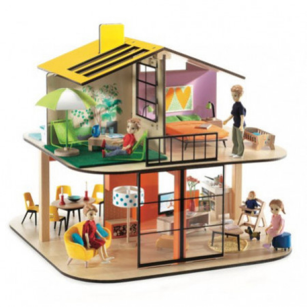 Jouet Hape Maison de Poupée en Bois - Famille de 4 Poupées Inclues avec 10  Pièces en Bois avec Lampes Amovibles et Sonnette - Jeu Pour Enfant de 3 ans